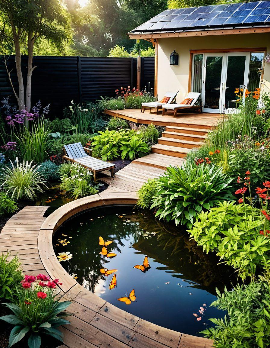A lush outdoor space showcasing an eco-friendly garden with diverse plants, featuring a wooden deck with comfortable seating overlooking a small pond. Include butterflies and bees to symbolize pollination. Add solar panels in the background and a small vegetable patch to emphasize sustainability. Bright, vivid colors and natural lighting to evoke a sense of tranquility and harmony with nature. super-realistic. vibrant colors. natural elements.