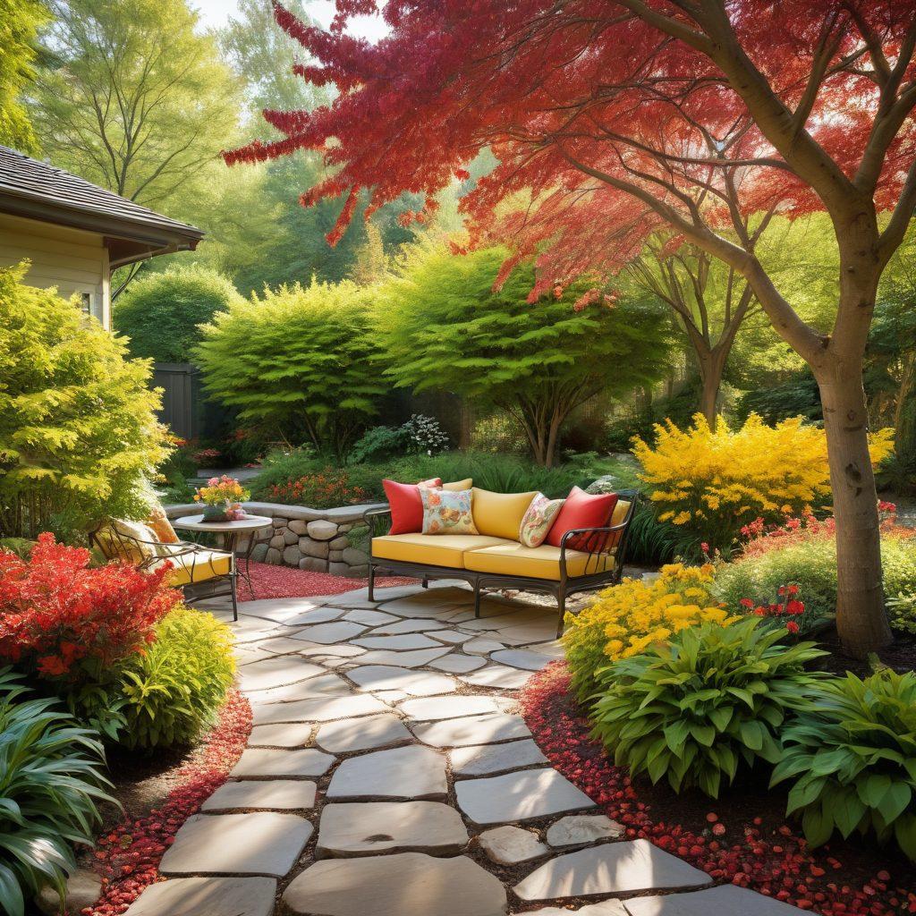 A serene garden scene filled with vibrant, colorful trees known for their cheerful foliage, such as flowering cherry, red maple, and golden birch. Include a cozy seating area with bright cushions and whimsical garden decor. Sunlight filters through the trees, casting playful shadows on a textured pathway. Butterflies and birds add liveliness, capturing the essence of a joyful outdoor space. painting. vibrant colors. idyllic atmosphere.