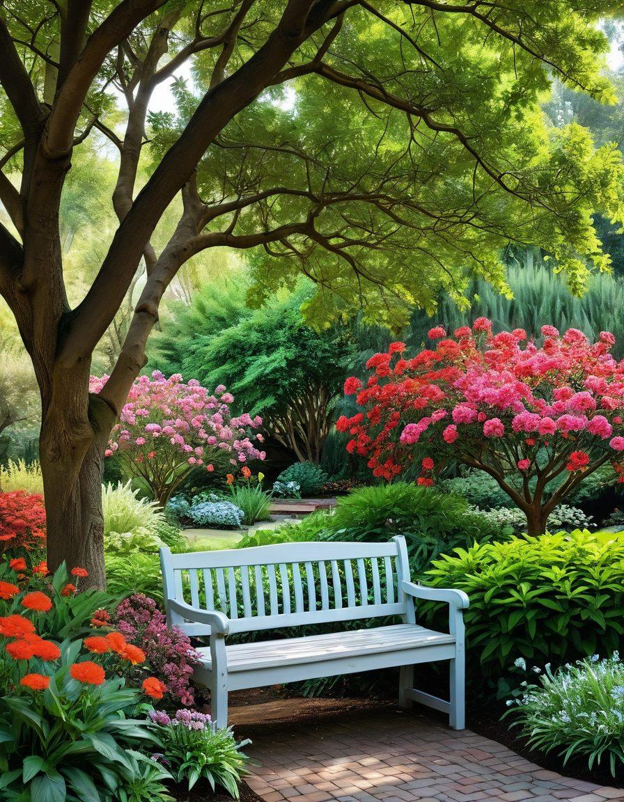 A tranquil garden scene showcasing a variety of beautiful trees, each with distinct foliage and colorful blossoms, surrounded by lush greenery and blooming flowers. A peaceful bench under a flowering tree invites relaxation, while a winding path leads through the garden, guiding the viewer's eye. The atmosphere exudes harmony and serenity, embodying the essence of a blissful garden. vibrant colors. super-realistic.